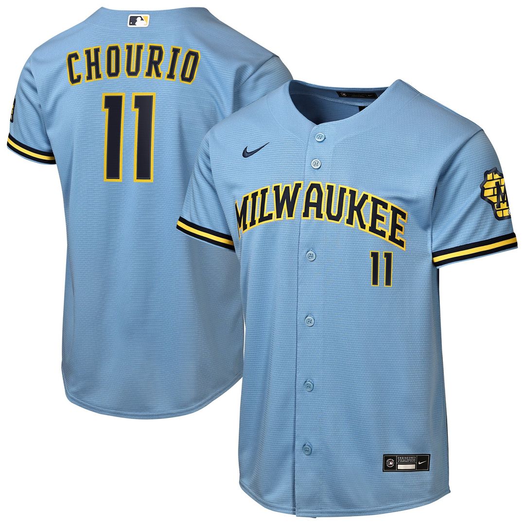 Jackson Chourio Milwaukee Brewers Nike Youth Road Stadium Jersey - Powder Blue | MLB Fan Gear