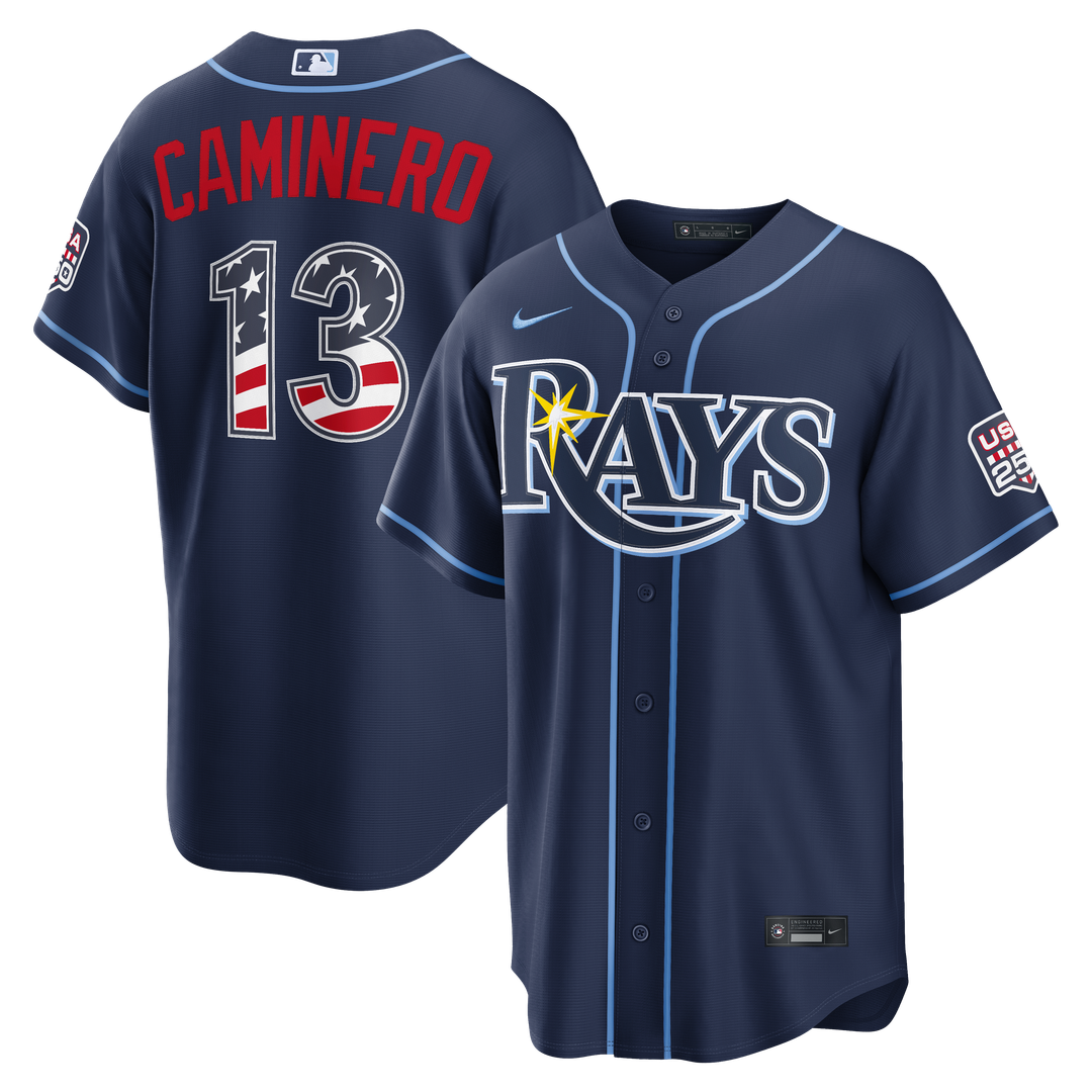 Junior Caminero Tampa Bay Rays Nike USA 250 Fourth of July Road Stadium Jersey - Navy | MLB Fan Gear