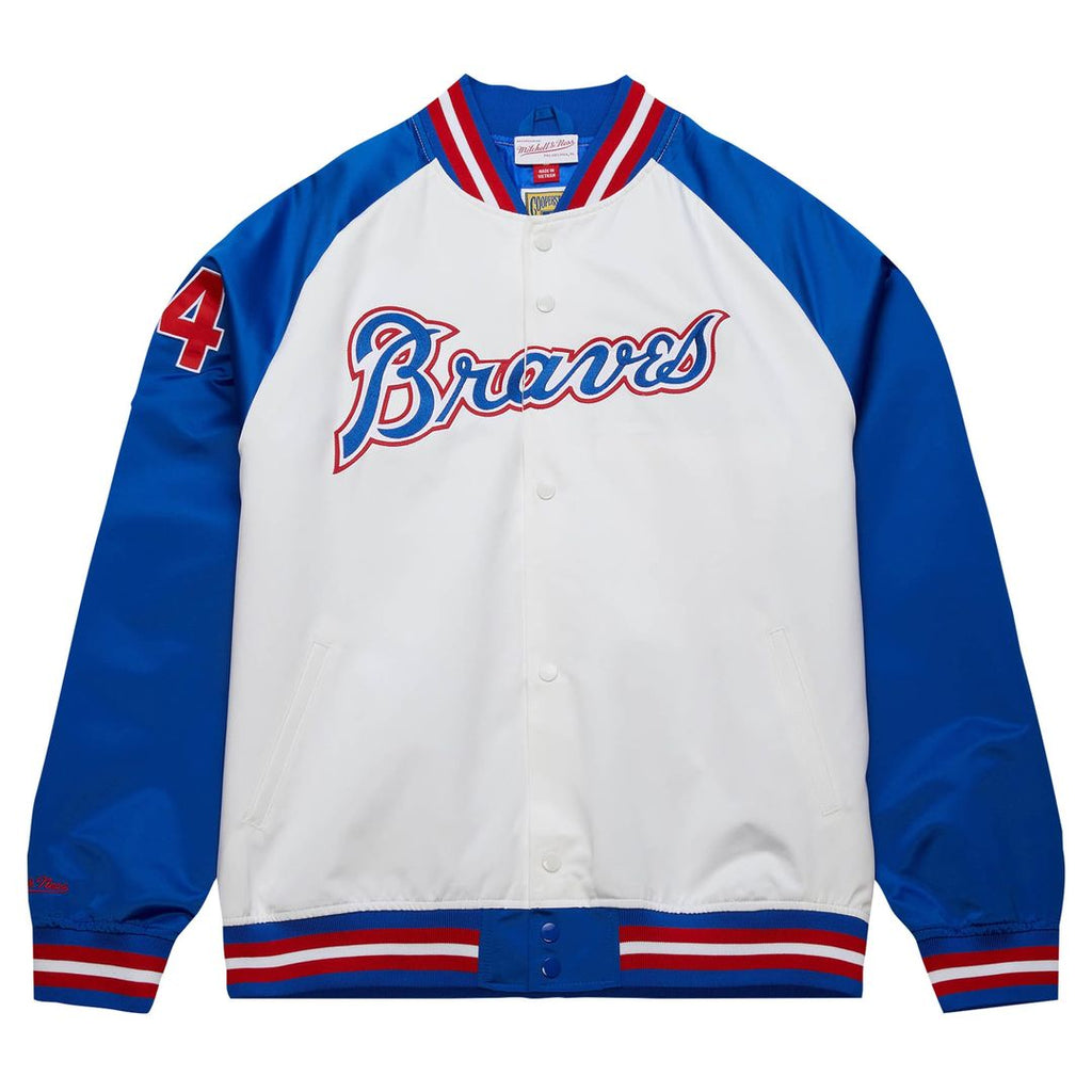 Hank Aaron Atlanta Braves Mitchell & Ness Cooperstown Collection Legends Lightweight Satin Raglan Full-Snap Jacket - White/ Royal | MLB Fan Gear