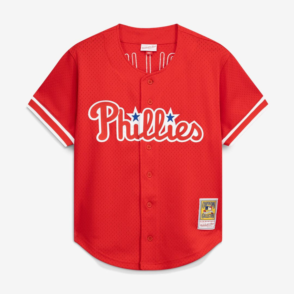 Jimmy Rollins Philadelphia Phillies Mitchell & Ness Cooperstown Mesh Batting Practice Button-Up Jersey - Red | MLB Fan Gear