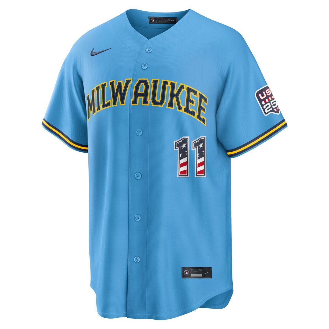 Jackson Chourio Milwaukee Brewers Nike USA 250 Fourth of July Road Stadium Jersey - Light Blue | MLB Fan Gear
