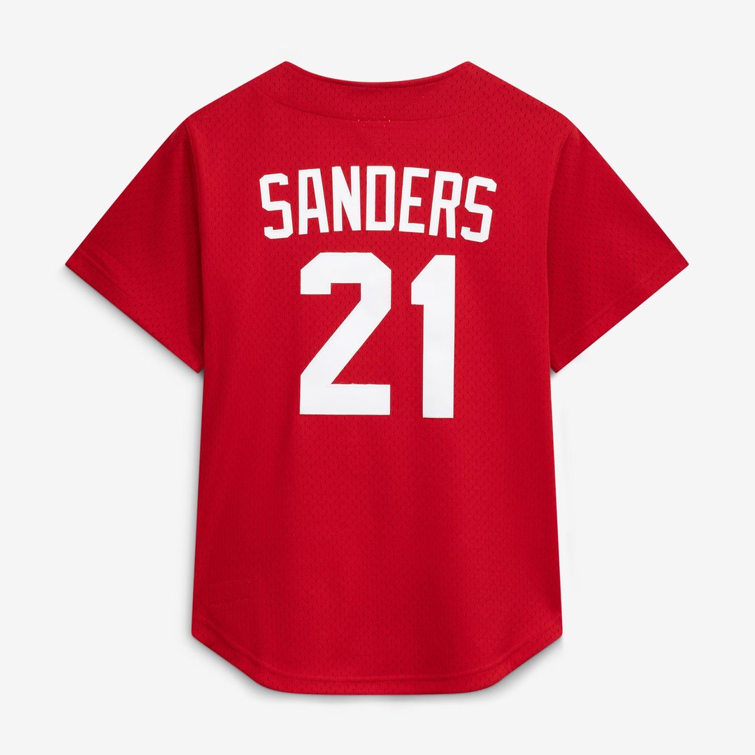 Deion Sanders Cincinnati Reds Mitchell & Ness Cooperstown Mesh Batting Practice Button-Up Jersey - Red | MLB Fan Gear