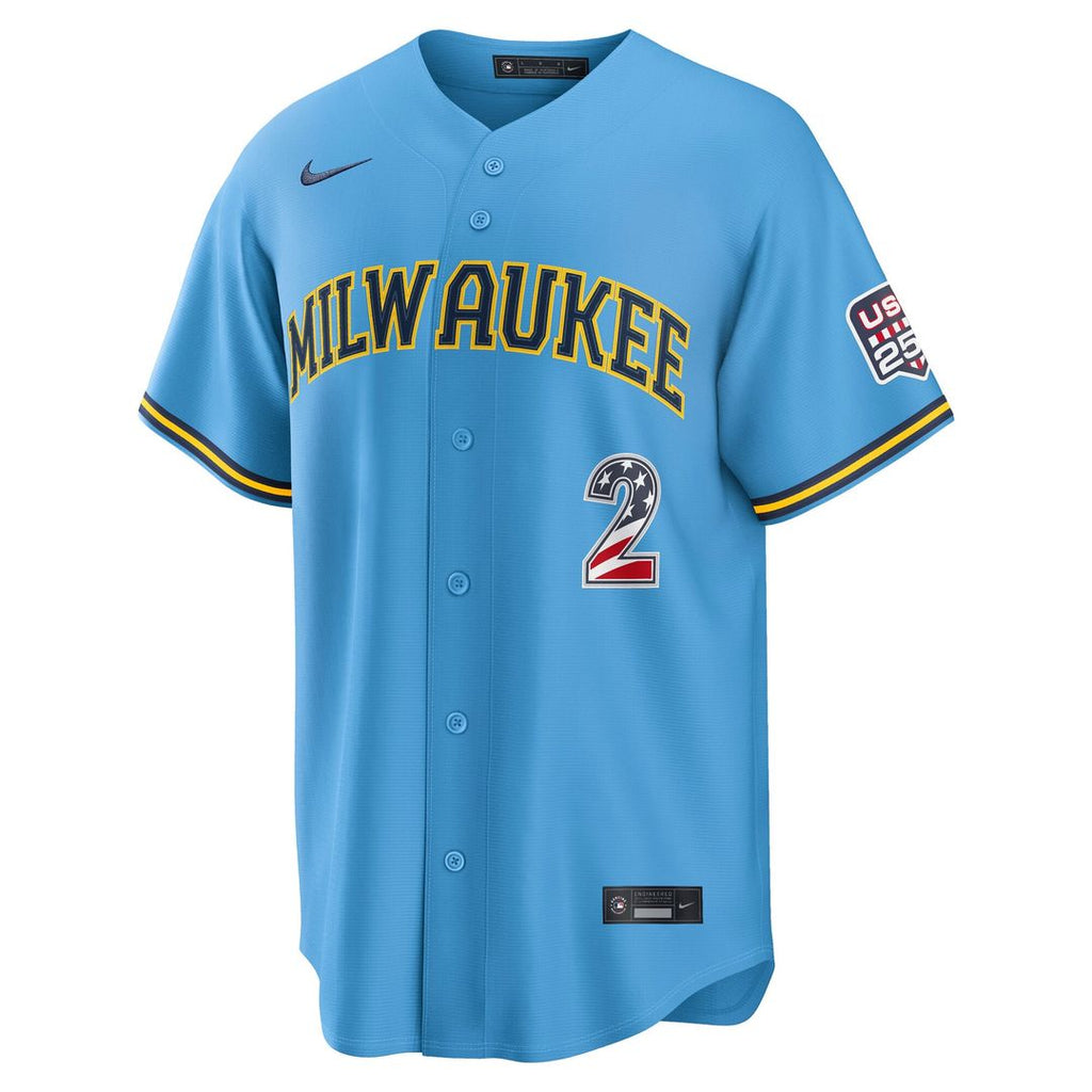 Brice Turang Milwaukee Brewers Nike USA 250 Fourth of July Road Stadium Jersey - Light Blue | MLB Fan Gear