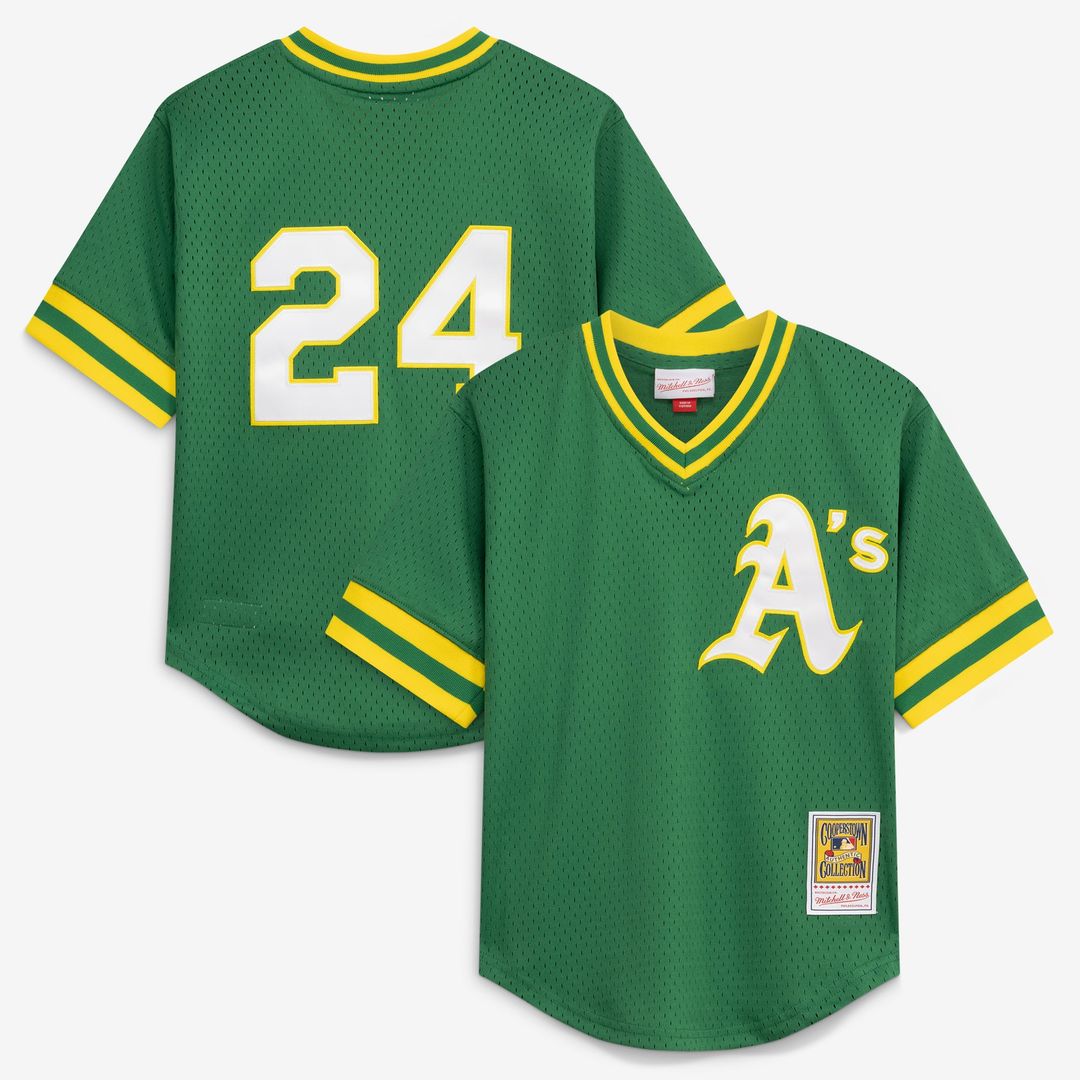 Rickey Henderson Athletics Mitchell & Ness Youth Cooperstown Collection Mesh Batting Practice Jersey - Green | MLB Fan Gear