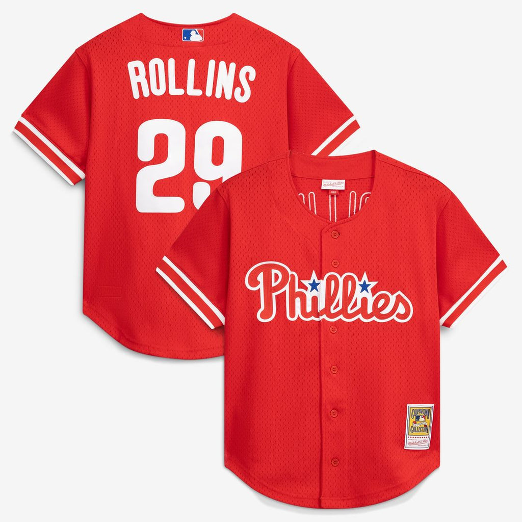 Jimmy Rollins Philadelphia Phillies Mitchell & Ness Cooperstown Mesh Batting Practice Button-Up Jersey - Red | MLB Fan Gear