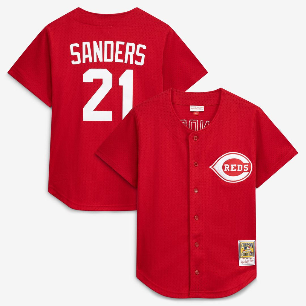 Deion Sanders Cincinnati Reds Mitchell & Ness Cooperstown Mesh Batting Practice Button-Up Jersey - Red | MLB Fan Gear