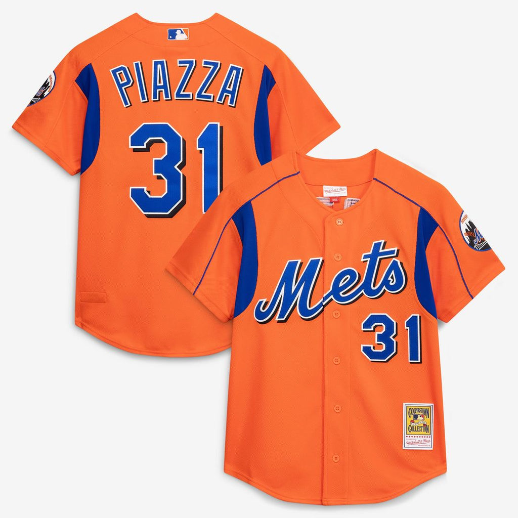 Mike Piazza New York Mets Mitchell & Ness Cooperstown Collection Mesh Batting Practice Button-Up Jersey - Orange | MLB Fan Gear