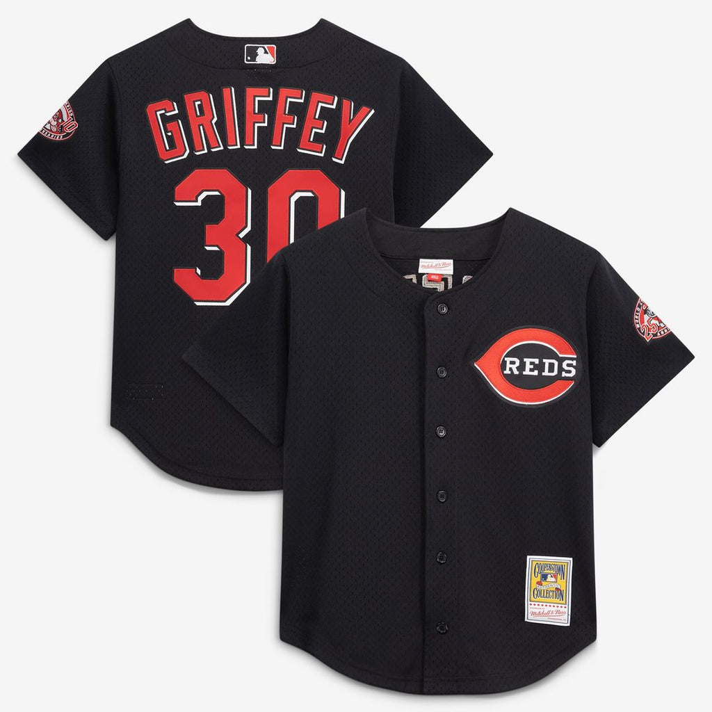 Ken Griffey Jr. Cincinnati Reds Mitchell & Ness Cooperstown Collection Mesh Batting Practice Button-Up Jersey - Black | MLB Fan Gear