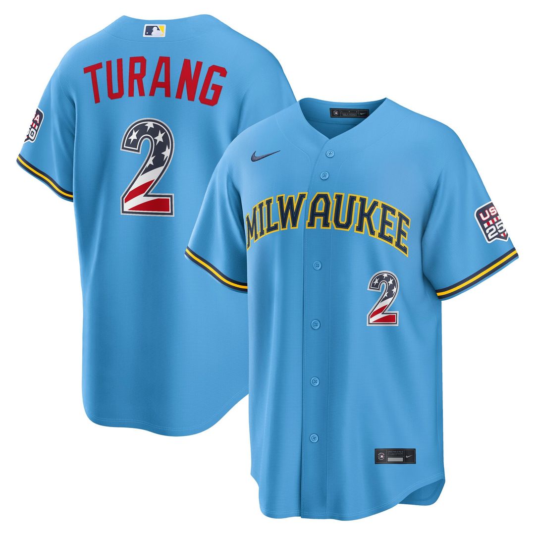 Brice Turang Milwaukee Brewers Nike USA 250 Fourth of July Road Stadium Jersey - Light Blue | MLB Fan Gear
