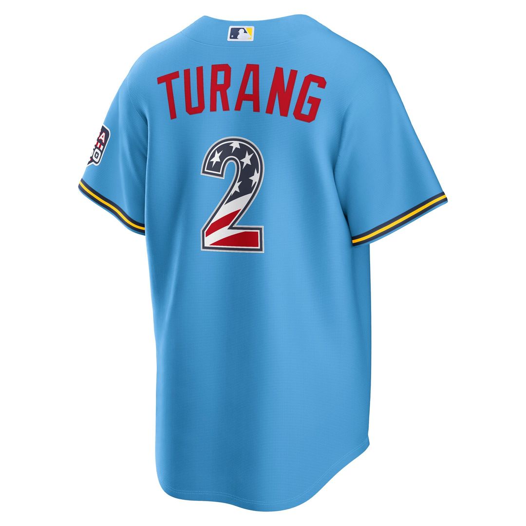Brice Turang Milwaukee Brewers Nike USA 250 Fourth of July Road Stadium Jersey - Light Blue | MLB Fan Gear